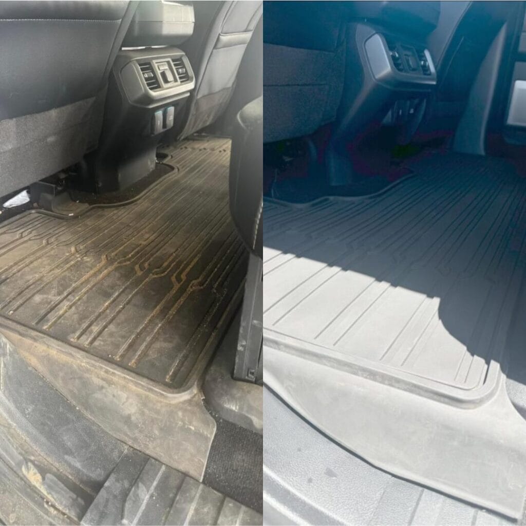 Comparison of a dirty and clean car floor mat.
